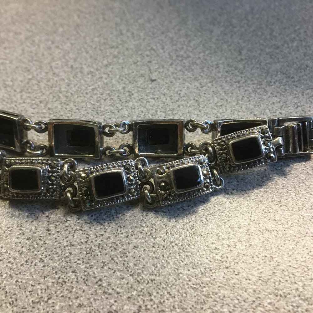 Vintage 925 Sterling Silver Black Onyx Marcasite Bracelet
